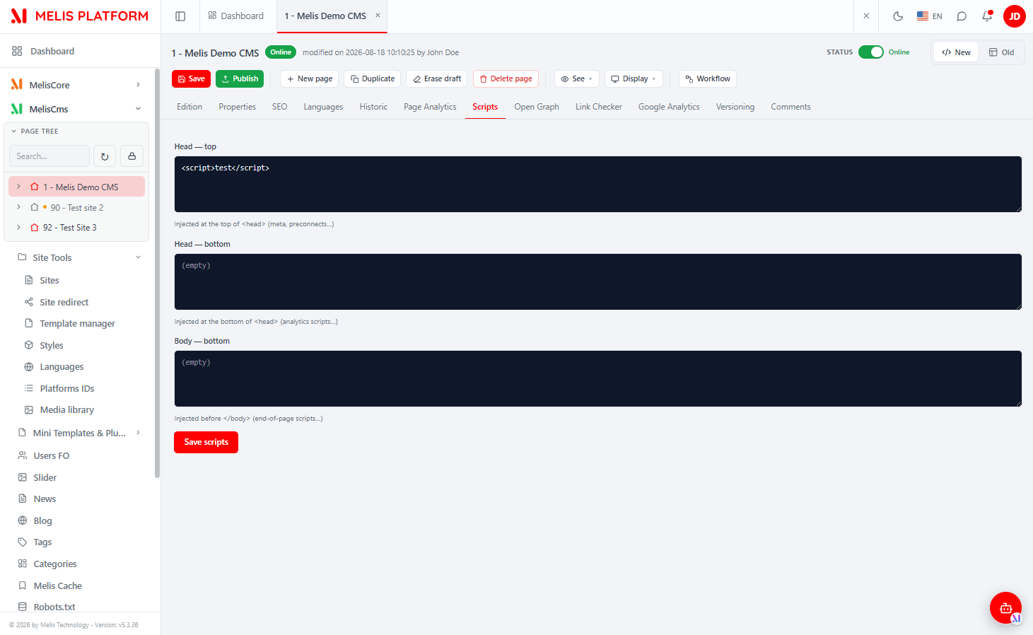 React CMS page editor, Scripts tab: the three per-page code editors (Head top / Head bottom / Body bottom) with a Save scripts button