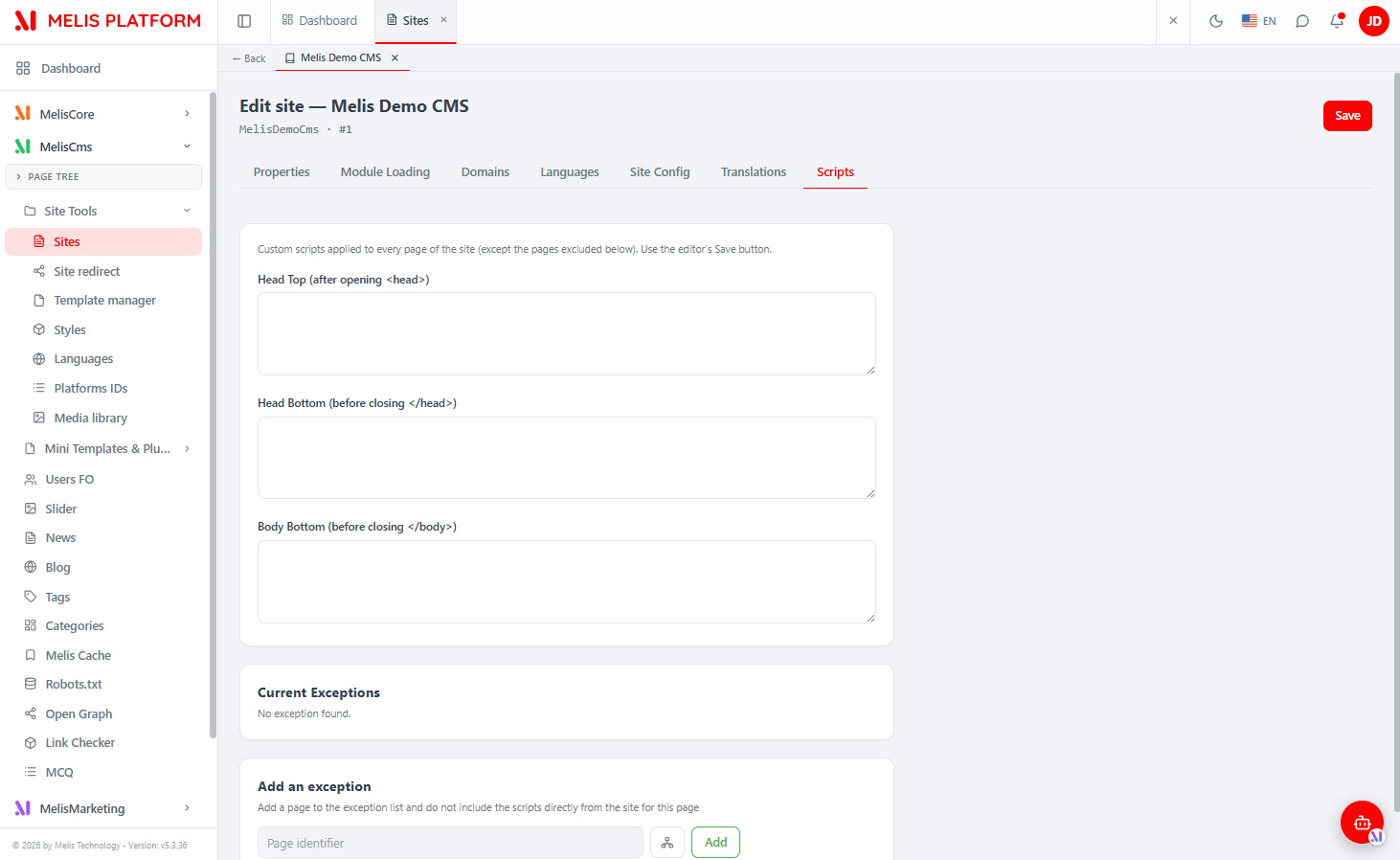 React Sites edition, Scripts tab: the three site-wide editors, the Current Exceptions list and the Add an exception block, saved by the site editor's global Save button