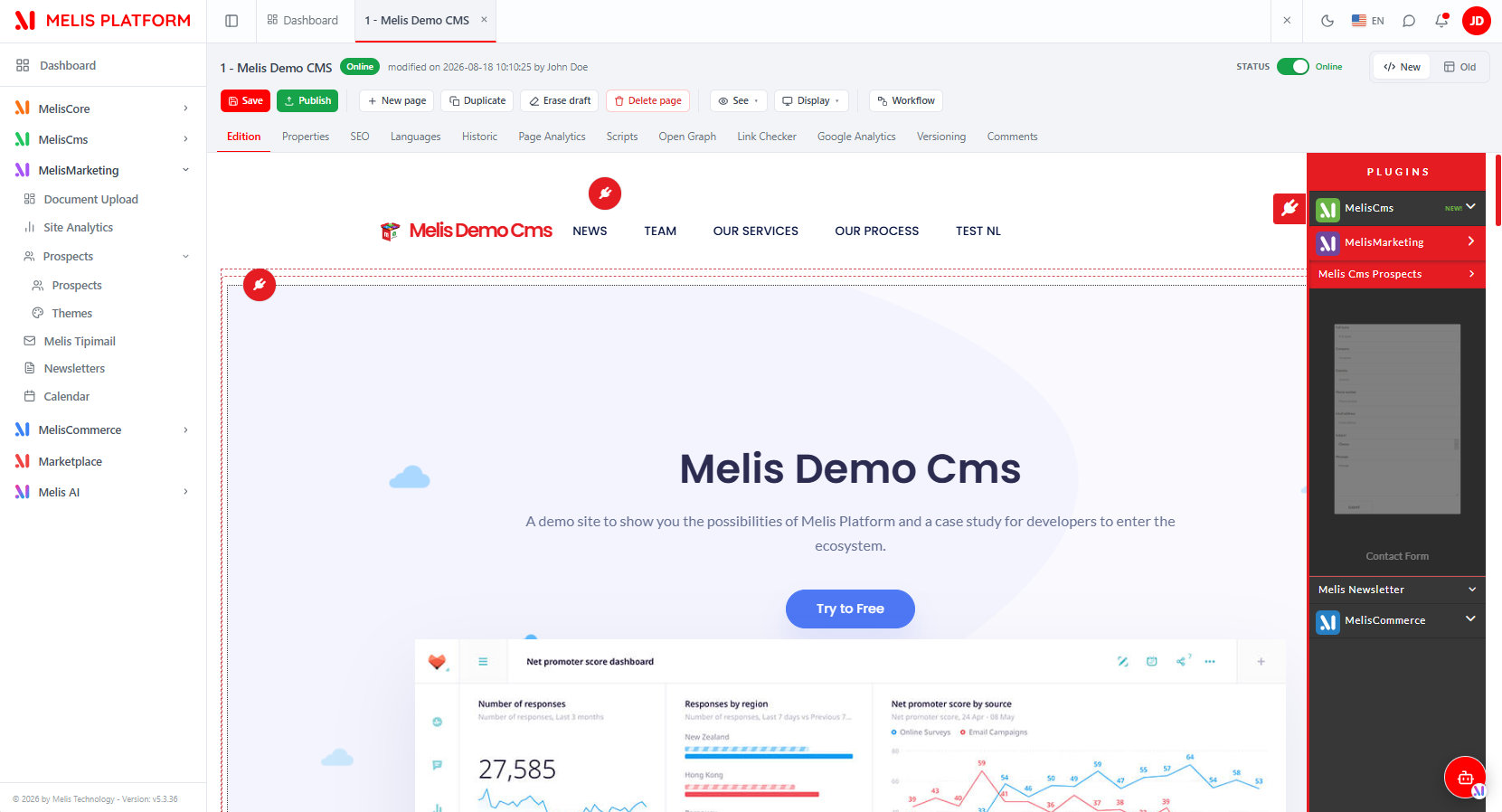 The React page editor with the plugins panel open — the "Contact Form" block sits under the "Melis Cms Prospects" group, ready to drop onto the page