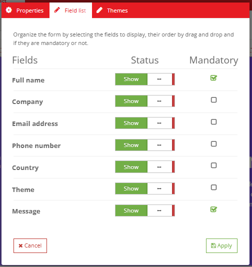 Show Form — Field list tab: the field-builder — per field a Show/Hide switch and a Mandatory checkbox; rows are drag-sortable so their order is the form order