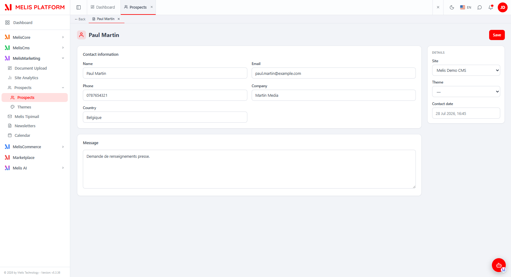 The React prospect edit form — a Contact information card (Name, Email, Phone, Company, Country), a Message box and a Details side card (Site, Theme, read-only Contact date); the sub-tab bar shows the drill-down (← Back · Paul Martin)