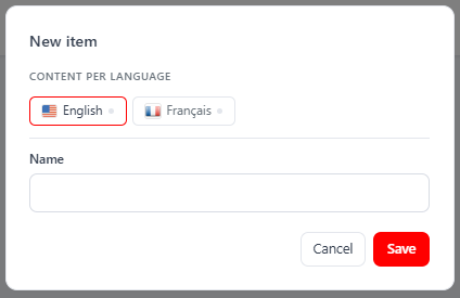 The "New item" modal — "Content per language" tabs (English / Français) and the Name field for the active language