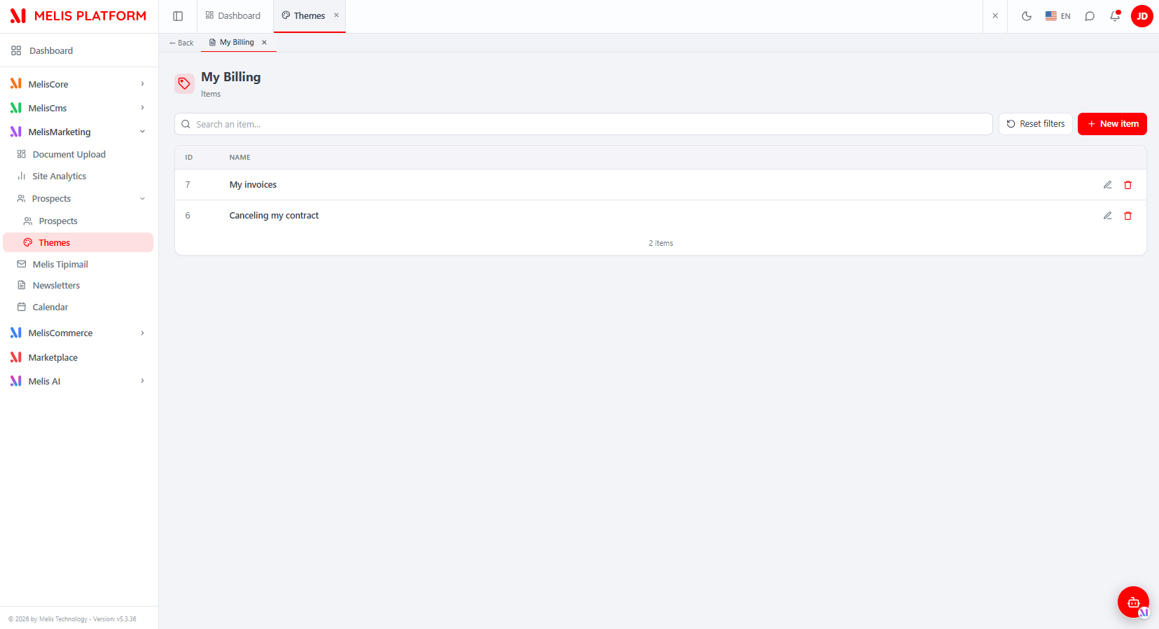 A theme's Items panel (sub-tab) for "My Billing" — a searchable list of items with per-row edit/delete and a "+ New item" button, shown as a drill-down sub-tab