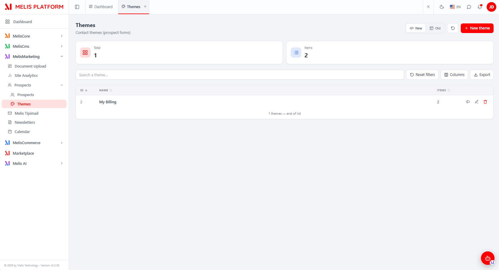 The React Themes tool: Total / Items KPI cards, search, Reset filters, Columns, Export, New/Old toggle and "+ New theme" — each row exposes rename, edit (open items) and delete