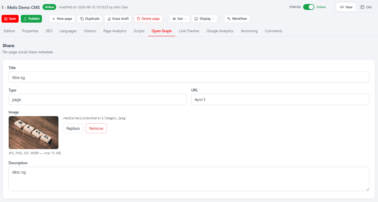 The CMS page editor with the Open Graph tab active (next to Edition, Properties, SEO, Languages, Historic, Page Analytics and more) — Title, Type, URL, image panel and Description, saved via the page's top Save/Publish buttons
