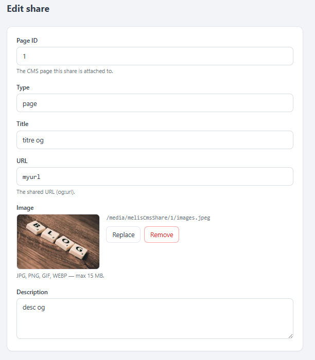 The React share form — Page ID, Type, Title, URL, an image panel with the stored path () plus Replace/Remove, and a Description textarea