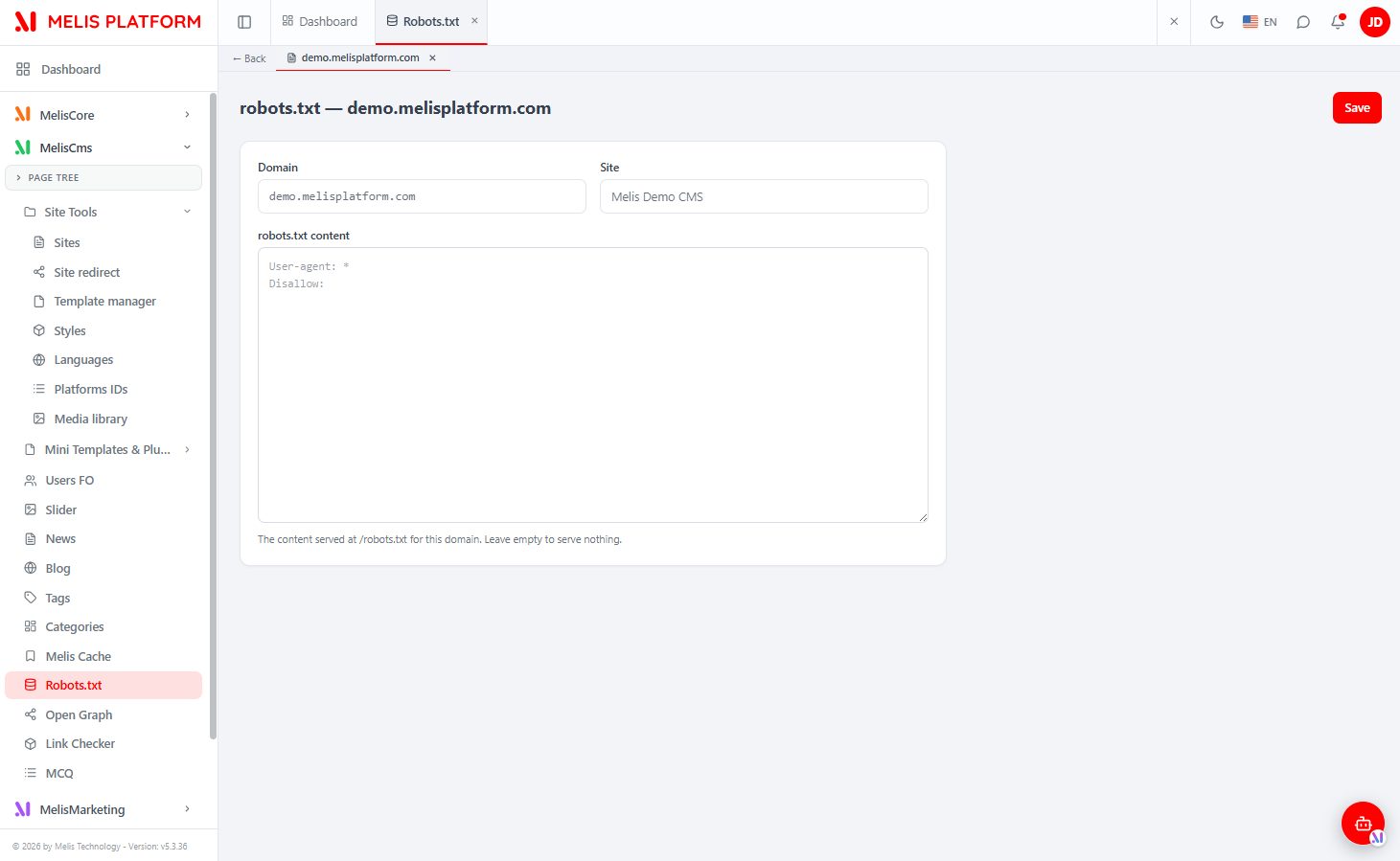 React robots.txt editor — read-only Domain and Site fields, a monospace "robots.txt content" text area, the ← Back sub-tab and a Save button top-right