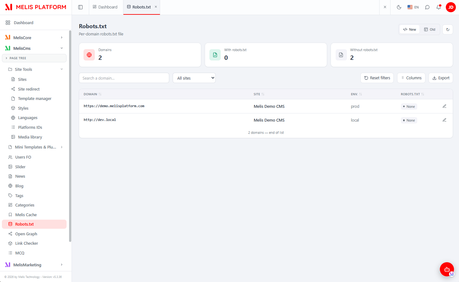 React Robots.txt list — KPI cards (Domains / With robots.txt / Without robots.txt), a "Search a domain…" box, an "All sites" filter, Reset filters / Columns / Export, the New/Old toggle and a refresh, with per-row Domain / Site / Env. and a Set/None badge plus an edit action