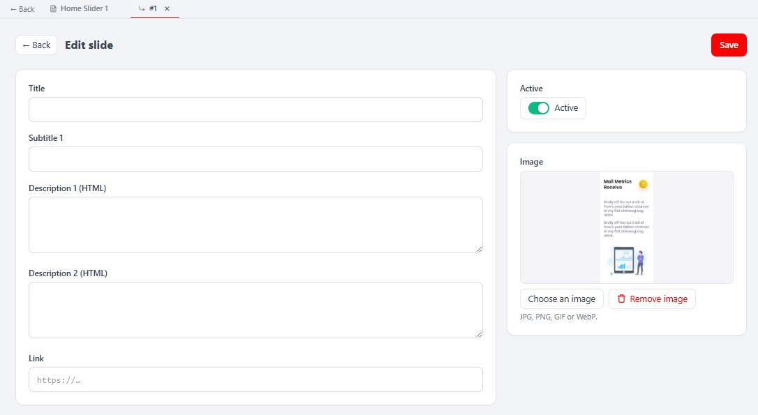 React slide form — title, subtitle, two HTML descriptions, link, Active toggle and image panel