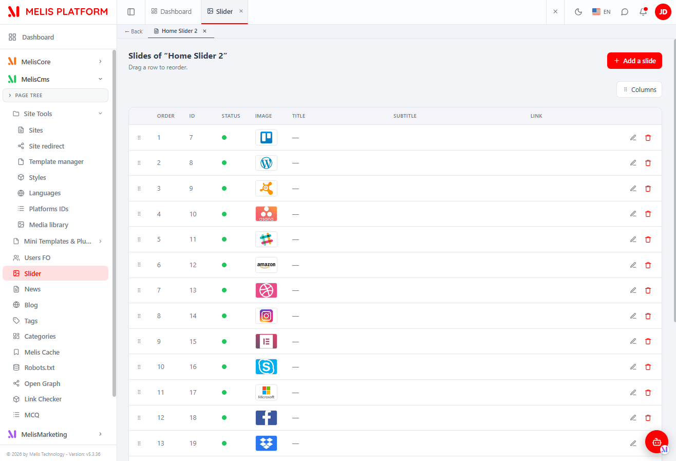 A slider's slides — drag-to-reorder list with per-row edit and delete