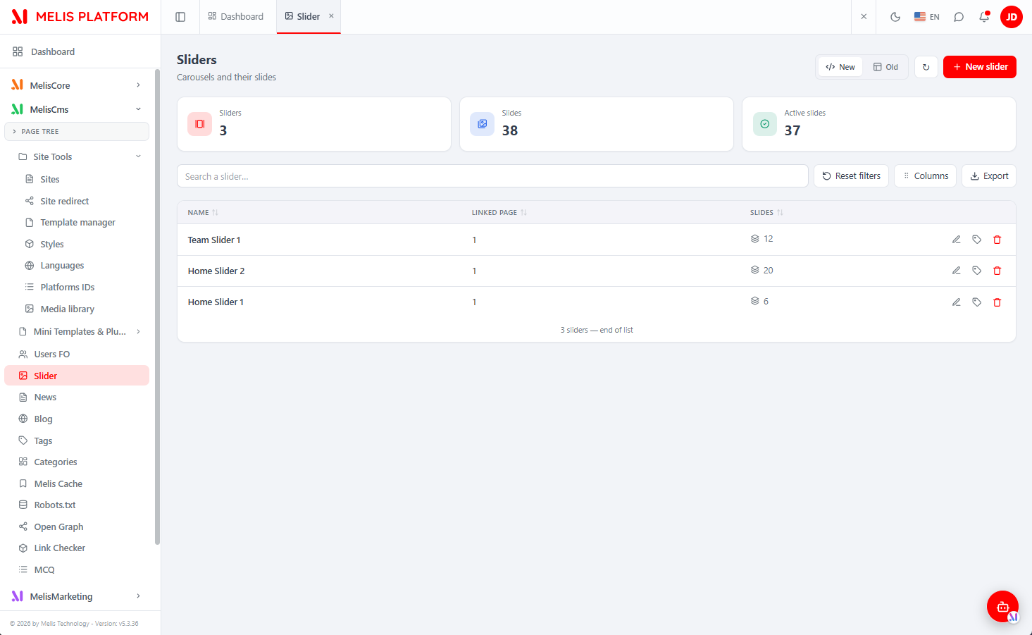 React Slider list with KPI cards, search, column manager, Export and the New/Old toggle