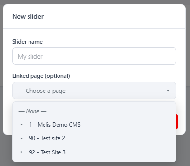New slider modal — name plus optional linked page from the page tree