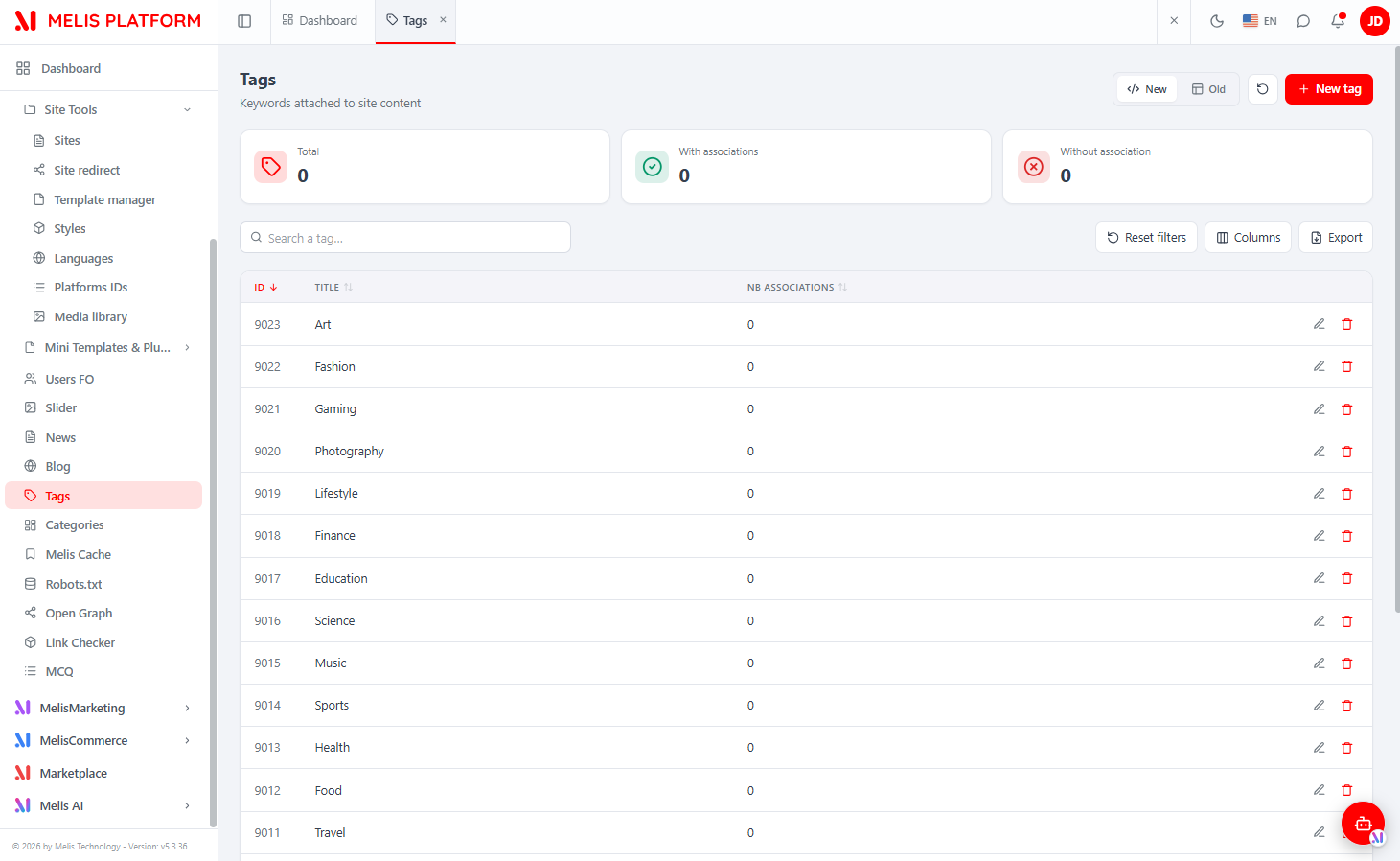 React Tags list — KPI cards (Total / With associations / Without association), search, Reset filters, Columns manager, Export, the New/Old toggle, "+ New tag", and rows showing ID / Title / Nb associations with edit and delete actions