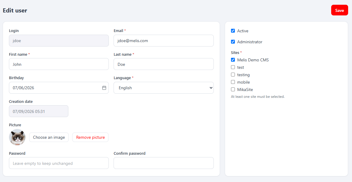 The React Edit-user form — Login (read-only when editing), Email, First/Last name, Birthday, Language, read-only Creation date, Picture panel, Password / Confirm password, plus the Active and Administrator toggles and the required Sites checkbox list