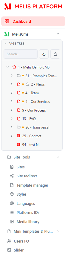 The MelisCms section in the React sidebar — page tree plus Site Tools.
