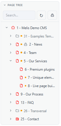 The React page tree — sites and pages; click to open, right-click for actions.