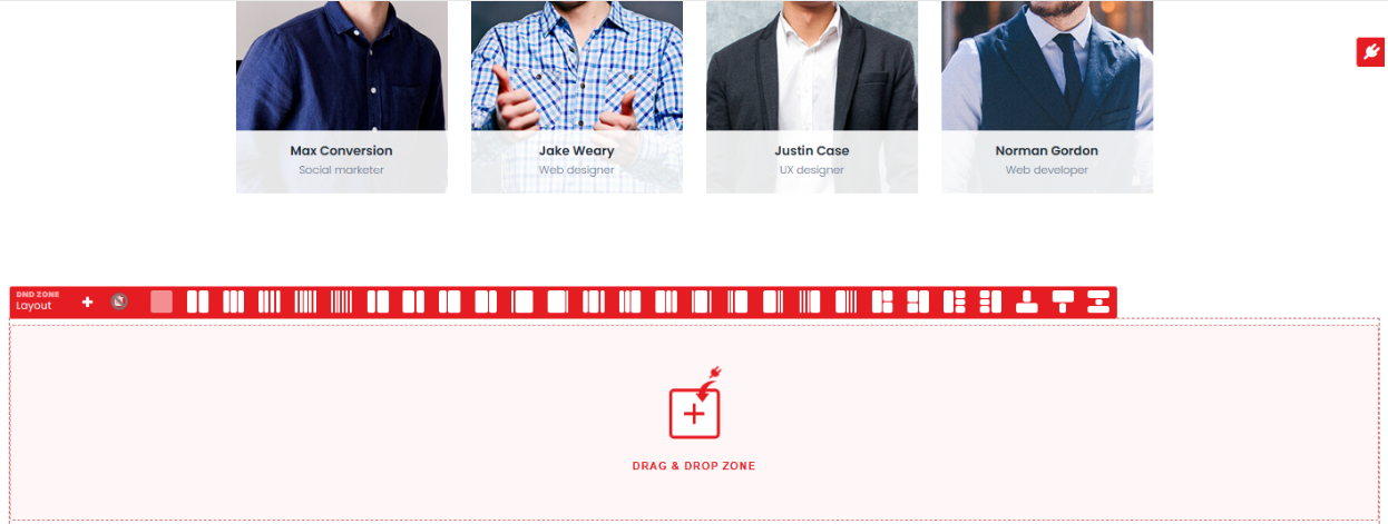 Drag-drop zone layouts — choose how to split a zone to place your blocks