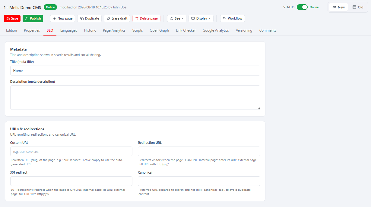 The React SEO tab — URL, meta title/description and redirect fields