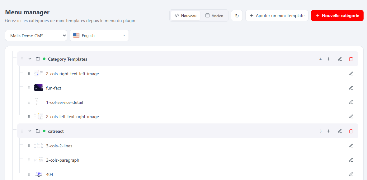 The React Menu manager — a drag-reorderable tree of categories and their mini-templates