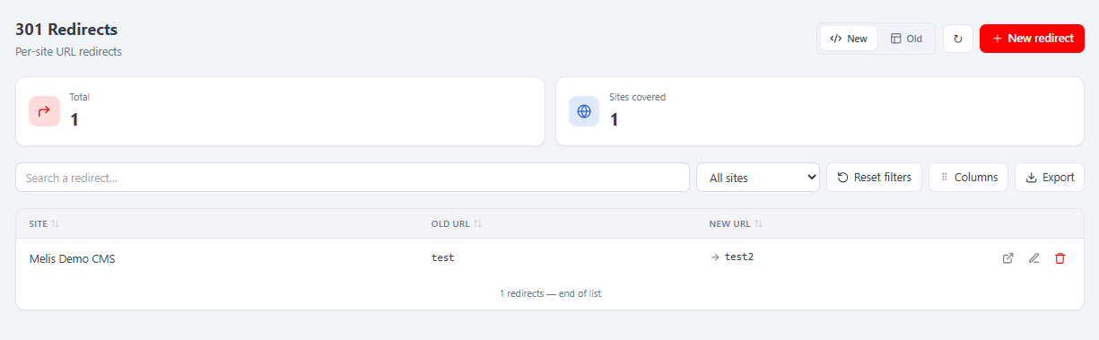 The React 301 Redirects list — old URL to new URL per site