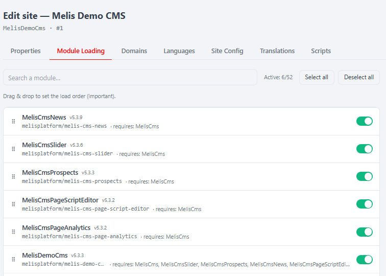 Site edit — Module Loading tab: per-module toggles with drag-to-reorder load order