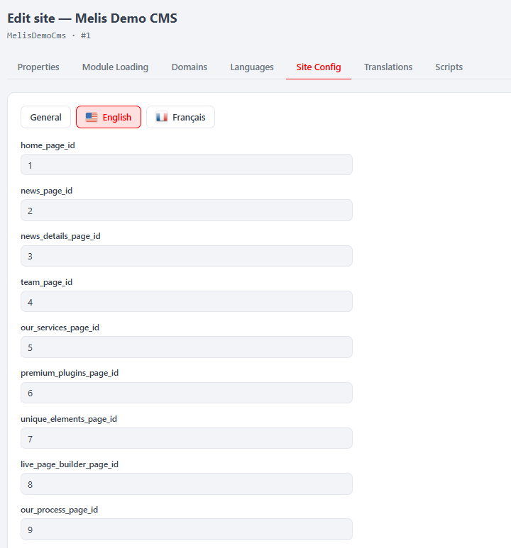 Site edit — Site Config tab: General plus per-language key/value settings