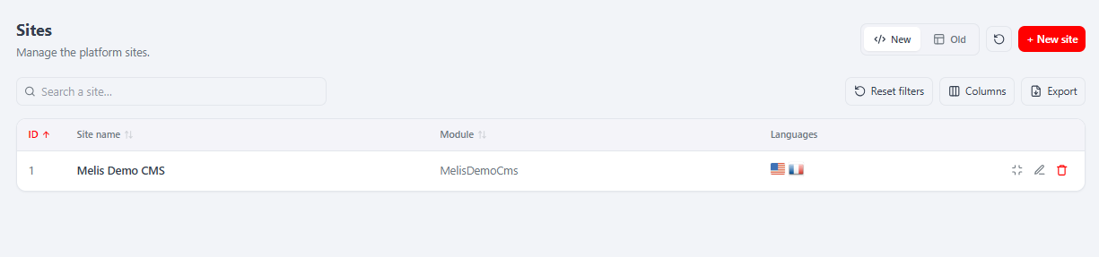 The React Sites tool — each row is a whole website, with "+ New site".