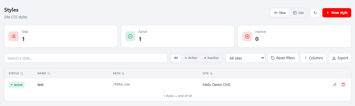 The React Styles list — status, name, CSS path and site per row