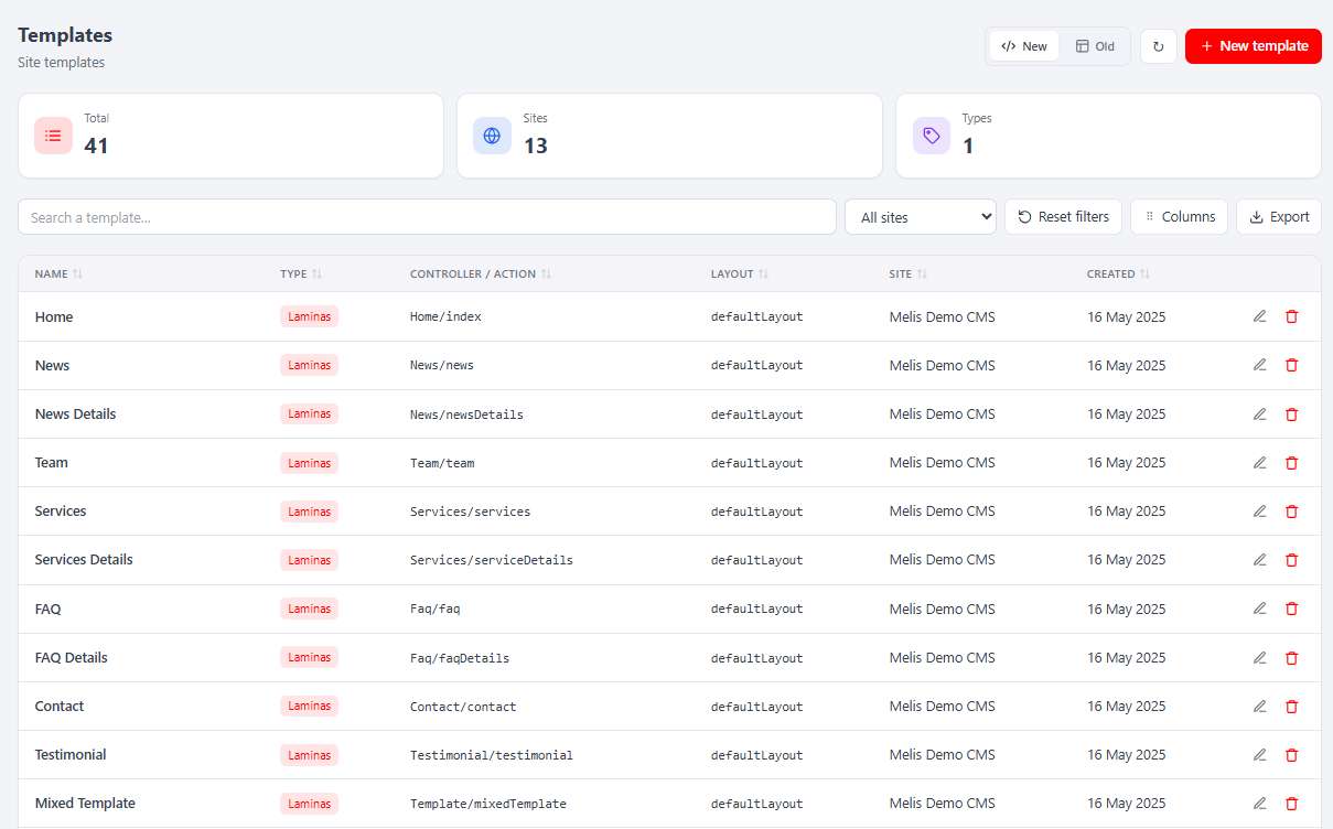The React Templates list — KPI cards, controller/action, layout and site per row