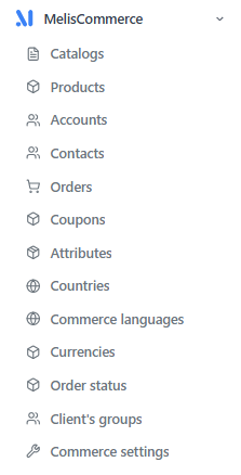 La section MelisCommerce dans la barre latérale de /melis-react — le sélecteur de tools.