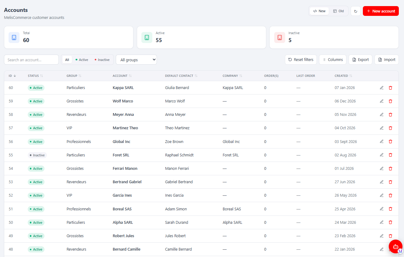 La liste Accounts (React).