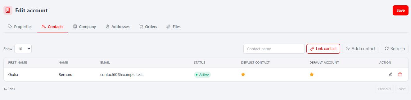 Account editor — Contacts tab (link / unlink / default)
