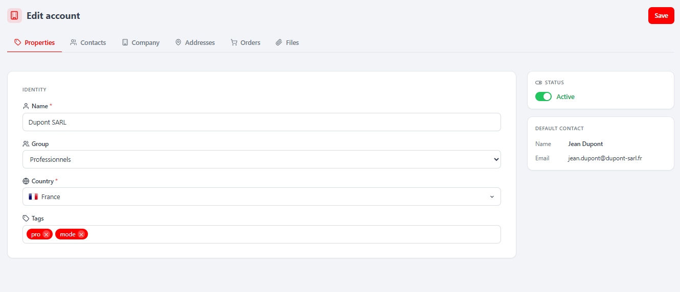 Account editor — Properties tab (status, name strategy, group, country, tags)