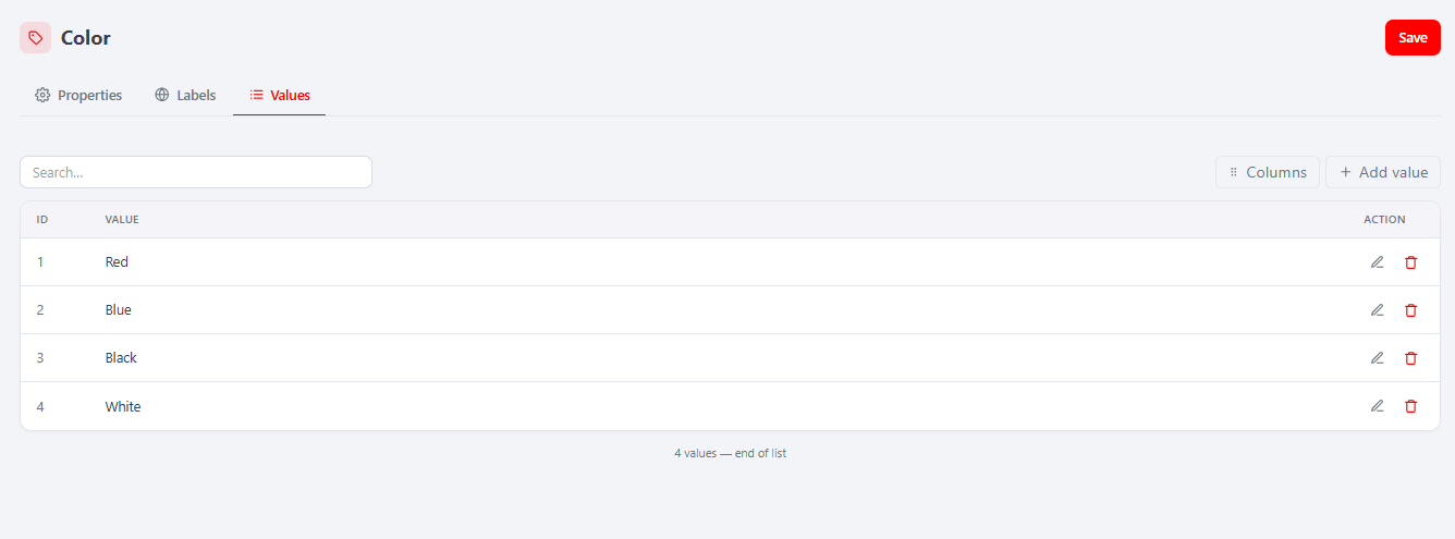 Attribute editor — Values tab (values with typed translations)