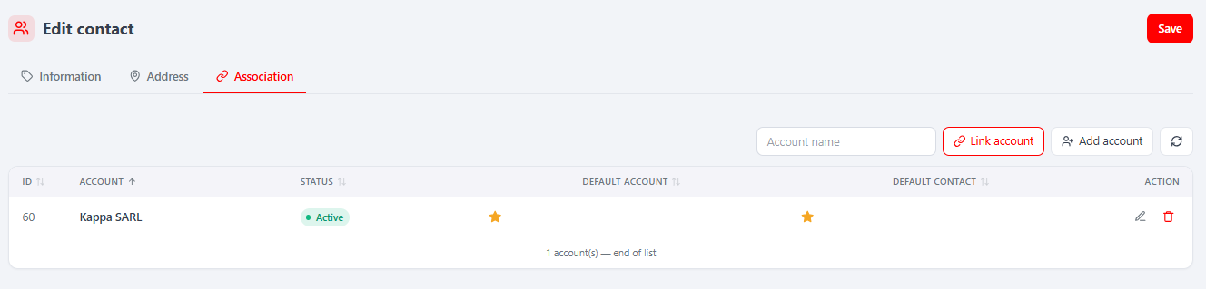 Contact editor — Association tab (link / unlink accounts)