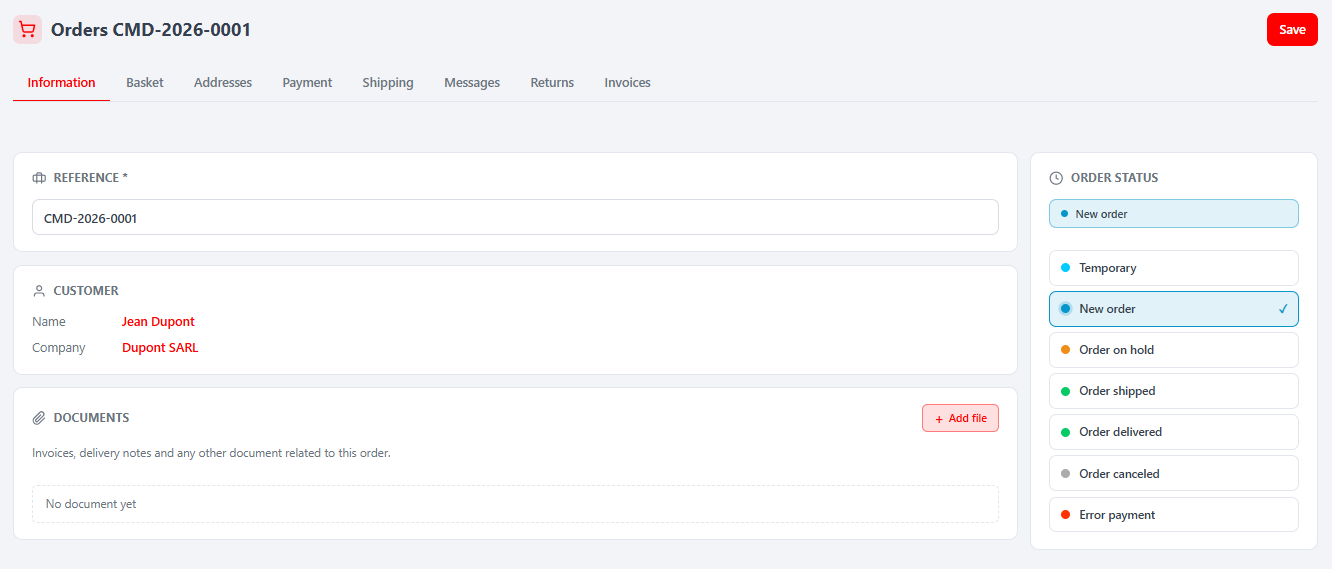 Order editor — Properties tab