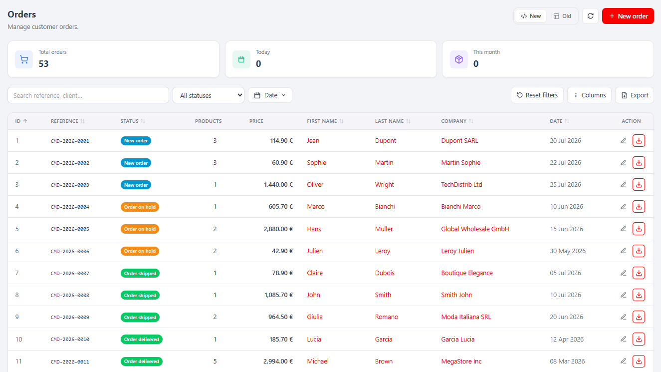 La liste Orders (React).