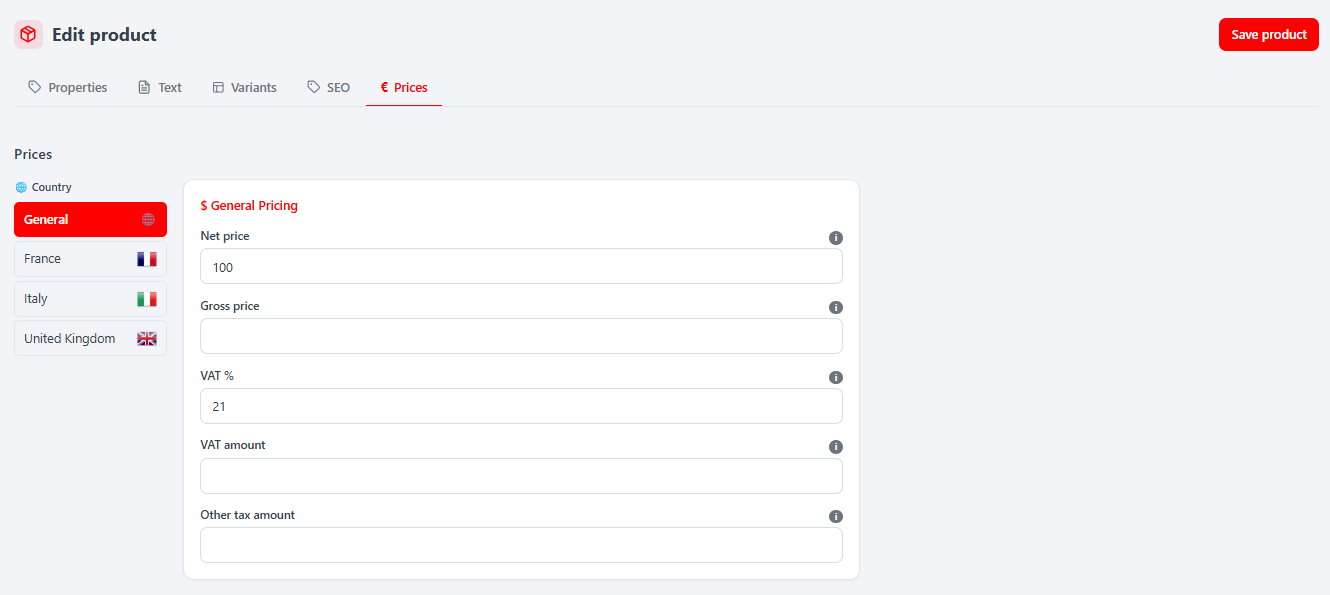 Product editor — Prices tab