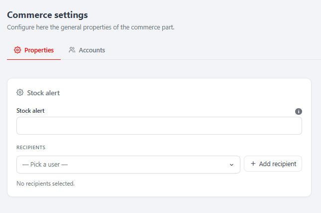 Commerce settings — Properties tab (stock-alert threshold, account-name strategy)