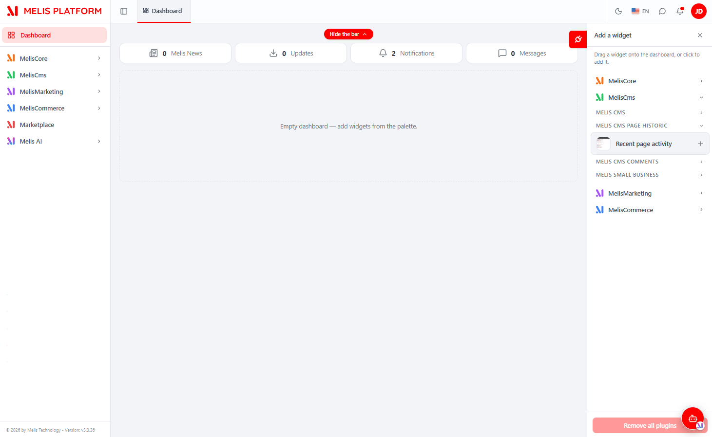 The React Dashboard — top bubbles, an empty widget grid and the "Add a widget" palette