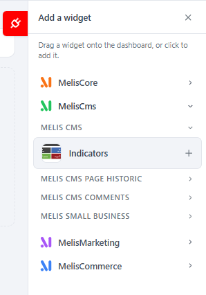 The "Add a widget" palette — pick a widget (grouped by module) to drop onto the dashboard