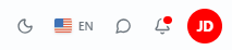 The top bar's right-side icons — theme toggle, language, messenger, notifications, avatar