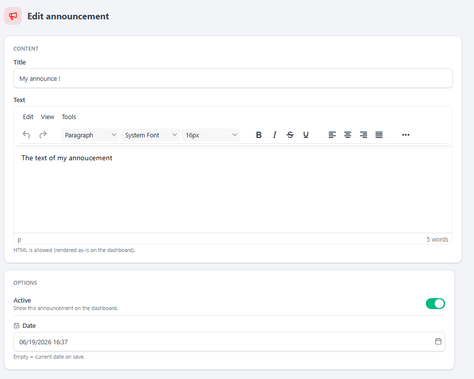 The announcement editor — Title, HTML text (TinyMCE), Active toggle and Date