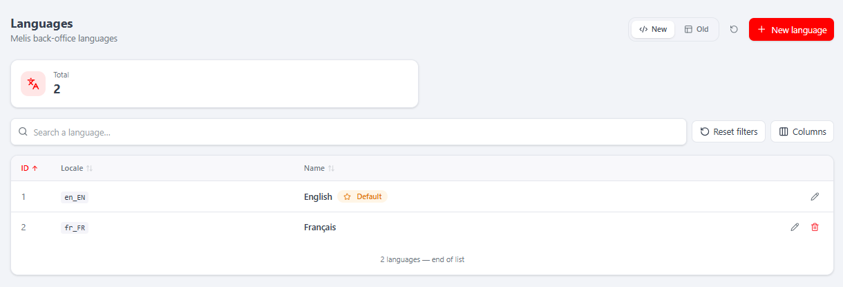 The Languages list — locale + name, the default (en_EN) flagged, per-row edit