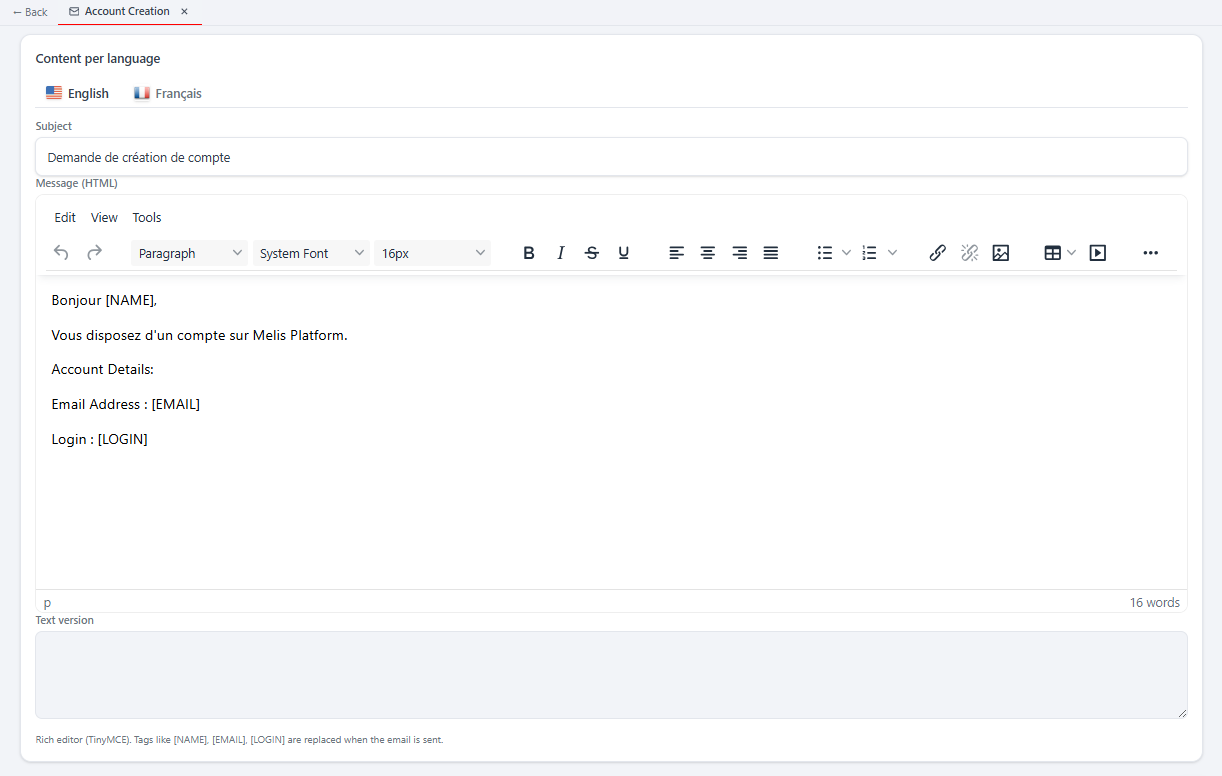 The per-language content — subject, a TinyMCE HTML body with // tags, and a plain-text version