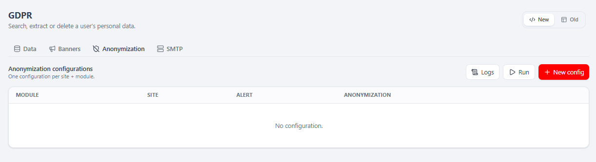 The Anonymization tab — auto-delete configurations, with Logs, Run and "+ New config"