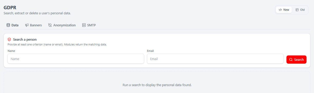 The GDPR Data tab — search a person; modules return matching data to extract or delete