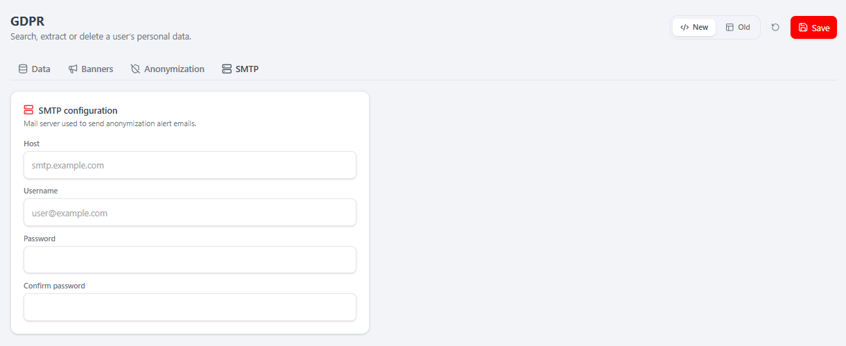 The SMTP tab — host / username / password for anonymization alert emails