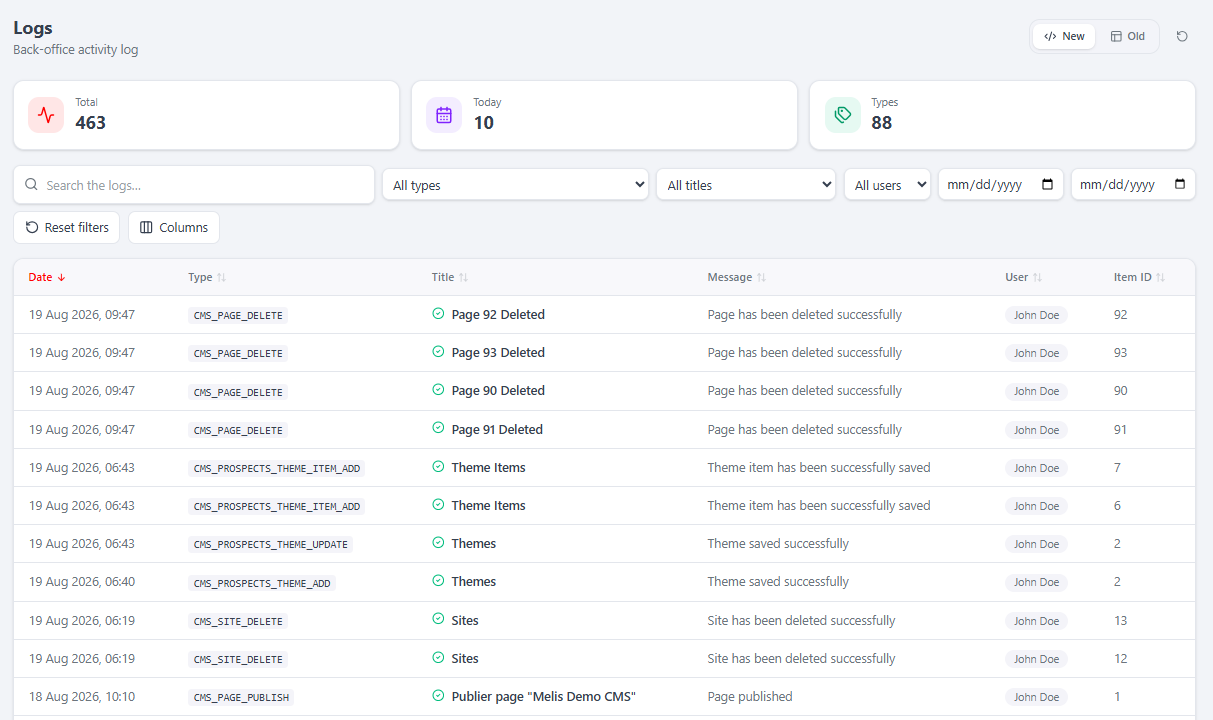 The Logs viewer — KPI cards, type/title/user/date filters and activity rows