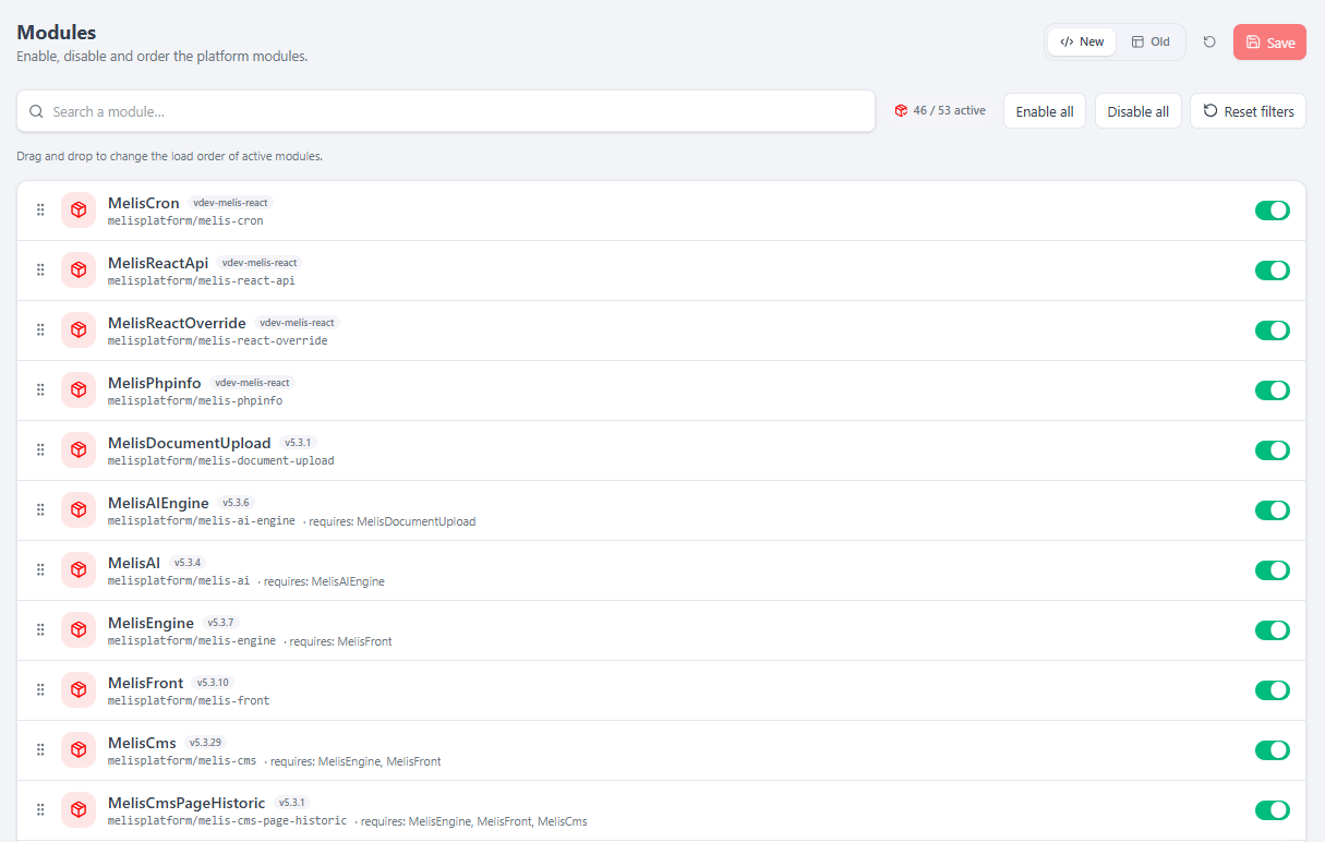 The Modules tool — search, active count, drag-to-reorder load order, per-module toggle, requires/version badges